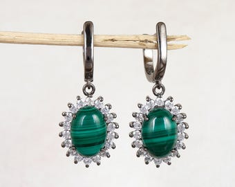 Real Malachite Dangle Earring, April Birthstone, Handmade Sterling Silver Jewelry, Gift For Mom
