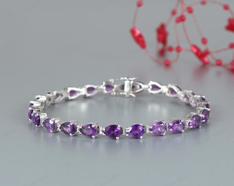 Pear Amethyst Gemstone Tennis Bracelet, February Gemstone, 925 Sterling Silver, Gift For Her