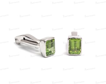 Natural Peridot Cufflinks: Octagon Cut, 925 Sterling Silver