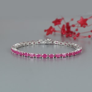 Natural Ruby Tennis Bracelet, Oval Gemstone Jewelry, July Birthstone, Gift For Her