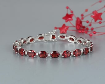 Oval Garnet Tennis Bracelet, January Birthstone, Red Gemstone Jewelry, Anniversary Gift For Her
