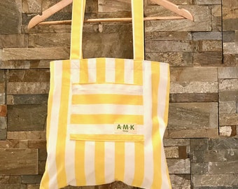 Tote Bag Eco Friendly Yellow and White Stripe, Utility or Beach Bag, Striped Market Bag, Bold Stripe Shopping Bag, 100% Cotton, reusable