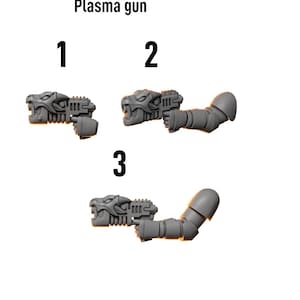 May include: Three gray plasma guns are displayed against a white background. The guns are numbered 1, 2, and 3. The text "Plasma gun" is above the guns. The logo for Greytide Studio is in the upper left corner.