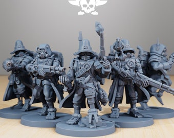 May include: Five gray plastic miniature figures of soldiers wearing hats and gas masks, holding guns and standing on round bases. The figures are arranged in a line, with the figure in the center holding a flag. The figures are all wearing the same uniform, which includes a long coat, pants, and boots. The figures are all holding guns, and the figure in the center is also holding a flag. The figures are all standing on round bases.
