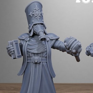 May include: A 3D printed miniature of a figure wearing a long robe and a helmet with a gas mask. The figure is holding a book in one hand and a weapon in the other. The miniature is painted in a gray color.