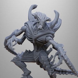 May include: A gray, detailed, 3D printed miniature of a creature with a long tail and sharp claws. The creature is standing on a base with a textured surface.