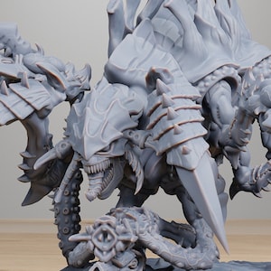 May include: A gray, detailed miniature of a monstrous creature with sharp claws, multiple limbs, and a menacing face. The model is on a black base, with the text "STATIONFORGE" and a skull logo above it.