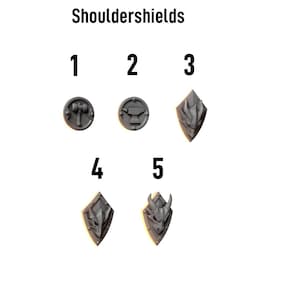 May include: An image featuring five different shoulder shields. The shields are numbered 1 through 5. The text "Shouldershields" is above the numbers. The logo for Greytide Studio is in the upper left corner.
