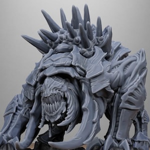 May include: A gray, detailed miniature creature with sharp spikes and a menacing mouth. The model is on a black base, with the text "STATIONFORGE" and a skull logo above it. This is a fantasy or sci-fi themed product.