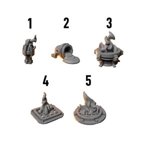 May include: A collection of miniature basing bits, including a cauldron, a pouring substance, and various flame designs. The text "Basing bits" is displayed above the items, with the Greytide Studio logo in the upper left corner.