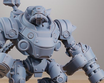 May include: A gray, detailed, articulated, robot figurine with a skull and crossbones logo on the chest. The robot has a large cannon on each arm and a smaller cannon on the back.