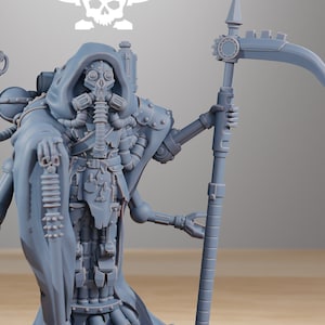 May include: A gray plastic miniature of a skeletal figure with a gas mask, wearing a long robe and holding a scythe. The figure is standing on a round base. The miniature is part of a tabletop game.