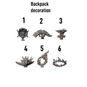 May include: A collection of six gray plastic backpack decorations. The decorations include various shapes such as a shield, wings, a dragon head, and a flame. The text "Backpack decoration" is above the numbered items.