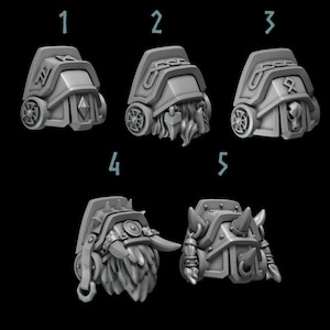 May include: Five gray, stylized miniature helmets with various designs. Each helmet has a unique shape and detailing, including wheels, beards, and horns. The helmets are set against a black background, showcasing their intricate designs.