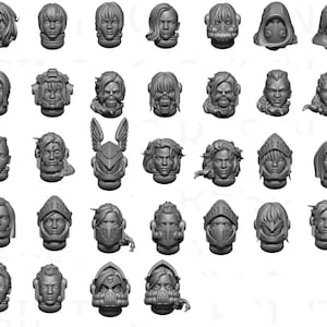 May include: A collection of 3D-printed miniature heads, arranged in a grid. The heads display various hairstyles, helmets, and facial expressions. The heads are in a neutral gray color, suitable for painting.