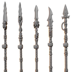 May include: Five gray spears with different blade designs and handle details are displayed against a white background. The text "GREYTIDE STUDIO" and "Spears" are visible. Each spear has a unique design, including ornate carvings and textured grips.