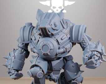 May include: A gray, detailed model of a mech robot with a round base. The robot has a complex design with various mechanical components, including spikes, rivets, and circular elements. The text "STATIONFORGE" is at the top.