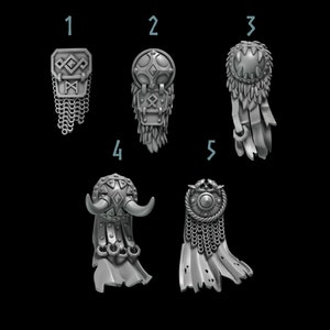 May include: Five different 3D printed shield designs with chainmail and fur accents. The shields are numbered 1 through 5.