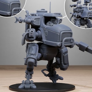 Puede incluir: Modelo gris detallado de una máquina de guerra bípeda con un brazo de motosierra y múltiples accesorios de armas. El modelo está sobre una base negra, con el texto "STATIONFORGE" y un logotipo de calavera.