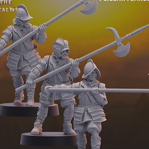 May include: Three grey miniature figures of infantry soldiers wearing morion helmets and plate armor, each holding a long polearm weapon. The text Across the Realms, Polearm Formation sample, and Conquistadores Infantry is visible.