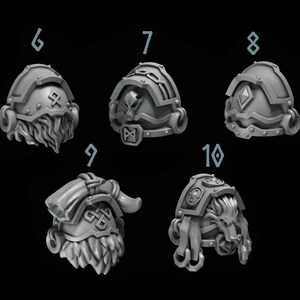 May include: Six different grey plastic helmet designs with various symbols and patterns. The helmets are numbered 6 through 10.
