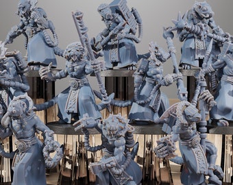 May include: A set of ten gray plastic miniature figures of humanoid creatures with animalistic features, holding weapons and tools. The figures are posed in a variety of action stances. The figures are arranged on a black base with a white background.