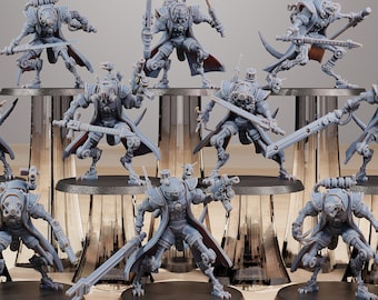 Puede incluir: Una colección de diez figuras en miniatura de plástico gris, cada una con un diseño y una pose únicos. Las figuras están dispuestas sobre un fondo blanco con el texto "STATIONFORGE" en la parte superior.