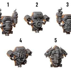 May include: Five gray, stylized backpack designs. Each backpack has a unique design, including flame-like elements, mechanical details, and decorative features. The text "Backpacks" is visible at the top of the image.