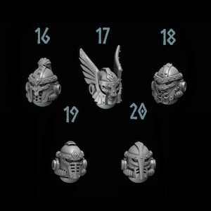 May include: Six different helmet designs for miniature figures. The helmets are made of gray plastic and have various details, including horns, wings, and face masks.