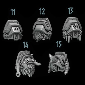 May include: Five gray plastic miniatures of helmets with different designs. The helmets have various details, including horns, spikes, and fur. The miniatures are numbered 11 through 15.