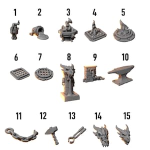 May include: A collection of miniature basing bits, including a cauldron, chain, anvil, and dragon heads. The image features various small, detailed models for tabletop gaming or miniature projects. The text "Basing bits" is at the top.