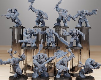 Op de afbeelding: Een set van tien ongeverfde grijze plastic miniaturen van orcs, elk met een ander wapen en pose. De miniaturen staan op zwarte bases en zijn in een cirkel gerangschikt. De miniaturen maken deel uit van een tabletop-oorlogsspel.