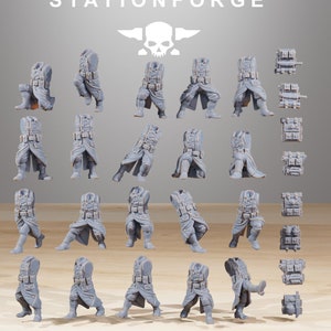 May include: A set of 24 gray plastic miniature figures of soldiers in various poses, with different backpacks and weapons. The figures are arranged in rows on a wooden surface. The figures are part of a wargaming set.