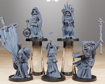 May include: Five gray plastic miniature figures of characters wearing robes and holding various objects. The figures are standing on black bases and are arranged in a row. The figures are from the game Stationforge.