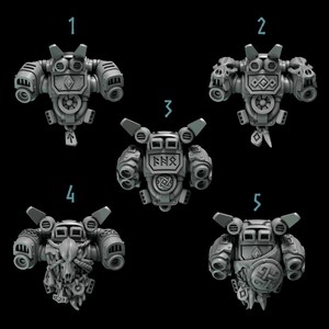 May include: Five 3D printed models of a futuristic jetpack with different designs. The jetpacks have a central body with two side wings and a rear thruster. The designs include a skull and crossbones, a shield with a knot design, a shield with a rune design, a shield with a knot design, and a shield with a rune design.