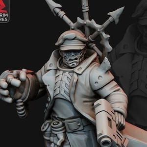 May include: A grey plastic miniature figure of a soldier wearing a coat and a hat with a weapon in their hand. The figure is standing on a round base.