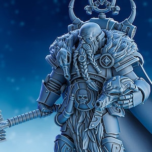 May include: A grey plastic miniature figure of a warrior with a beard, wearing armour and holding a large axe and a skull. The figure is wearing a fur cloak and has a skull symbol on its chest.