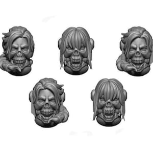 May include: Five gray skull figurines with detailed facial features and flowing hair. Each skull has a grimacing expression and is set against a white background. The skulls appear to be part of a larger set or collection.