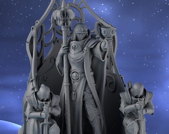 May include: A gray 3D printed miniature of a figure in a throne with two figures kneeling on either side. The throne is ornate and has a canopy. The figure in the throne is holding a staff and a chalice. The figures are all wearing armor and robes. The miniature is set against a blue and white starry background.