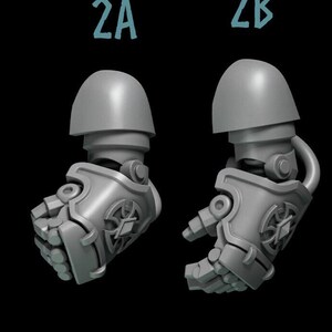May include: Two gray plastic robot arms with a detailed design. The arms are posed in different positions, one with a closed fist and the other with an open hand. The arms are labeled "2A" and "2B".