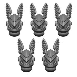 May include: Five gray, stylized helmet miniatures with winged details. Each helmet features a detailed face design and a rounded base. The helmets are arranged against a white background, showcasing their intricate design.