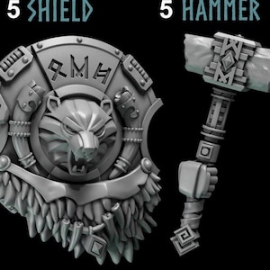 May include: A gray plastic miniature shield with a bear head and runes, and a gray plastic miniature hammer with a wooden handle.
