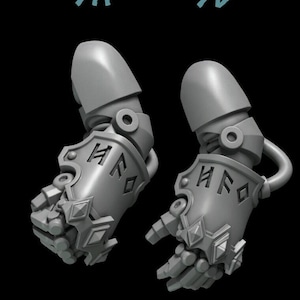 May include: Two gray plastic robot arms with detailed sculpted hands and runes on the forearms. The arms are posed in different positions. The runes on the forearms are "3A" and "3B".