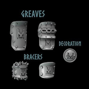 May include: Five 3D printed metal armor pieces for a miniature figure. The pieces include a pair of greaves, a pair of bracers, and a decoration piece. The pieces are all silver in color and feature a stylized "M" design.
