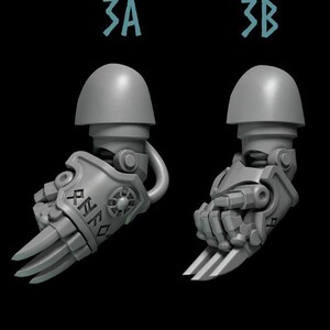 May include: Two gray plastic robot arms with claws. The left arm has a symbol on the back of the hand that reads "ANNO". The right arm has a symbol on the back of the hand that reads "3B".
