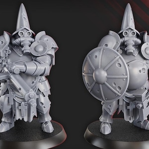 May include: Two gray miniature figurines of armored characters, each with a helmet, gas mask, and weapons. One holds a sword and the other a shield. The text on the image reads "37 mm from feet to eyes" and "2 models". The store logo is in the top left corner.