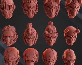 May include: Twelve different 3D printed skull helmets in various styles, all painted in a reddish-brown color.
