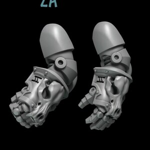 May include: Two gray plastic 3D printed miniature robot arms with a skull design on the hand. The arms are labeled 2A and 2B.