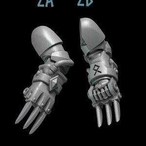 May include: Two 3D printed robot arms with claws. The arm on the left has a diamond-shaped detail on the wrist. The arm on the right has a symbol on the wrist. Both arms are gray.