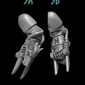 May include: Two 3D printed miniature robot arms, one with a claw hand and the other with a wolf head. The arms are gray and have a mechanical design.